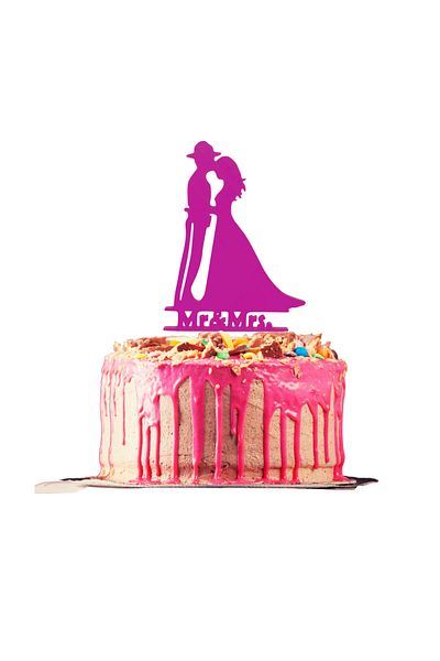 OEM Cake topper decoration, "MR AND MRS" in the service of love, policeman model, 18.6 x 11 cm, raspberry pink