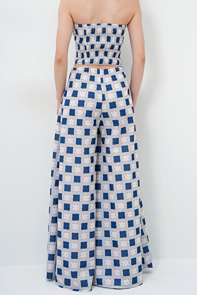 VAGGON Women's Aviator Blue Waist Gimped Wide Leg Pants and Gimped Crop Bustier Suit Prmx14058