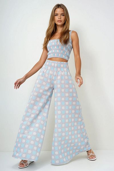 VAGGON Women's Baby Blue Waist Gimped Wide Leg Pants and Gimped Crop Bustier Set Prmx14058