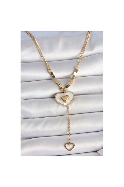 Skygo 316L Steel Gold Color Chain White Enamel Heart Figure Dangle Detail Women's Necklace - Tj-Bko10115
