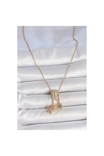 Skygo 316L Steel Gold Color Hanging Zircon Stone Purple Stone Teddy Bear Figure Charm Women's Necklace - Tj-Bko10098