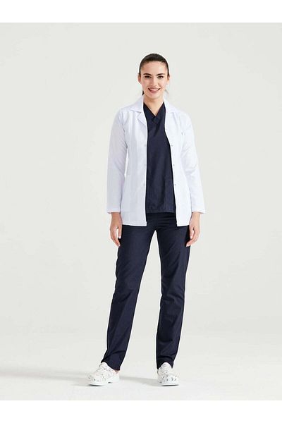 DEMOTEKS Women's white short medical lab coat uniform - with three pockets, long sleeves, lapel collar-XL