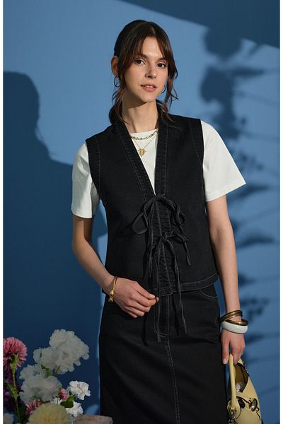 Fatma Atasoy Tie-Up Black Denim Vest