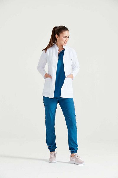 DEMOTEKS Uniforma Lab Coat Halat Medical Scurt Alb Femei – Cu Trei Buzunare, Maneca Lunga, Guler Tunica