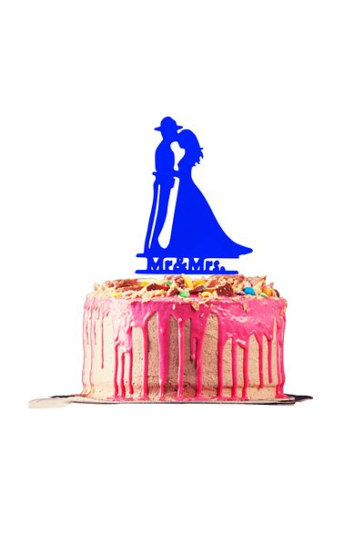 OEM Cake topper decoration, "MR AND MRS" in the service of love policeman model, 18.6 x 11 cm cm blue