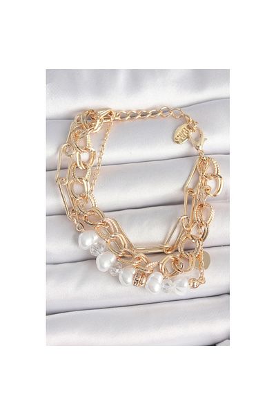 Skygo Brass Gold Color Multi Chain Model Pearl Zircon Stone Detail Women's Bracelet - Tj-Bb6960