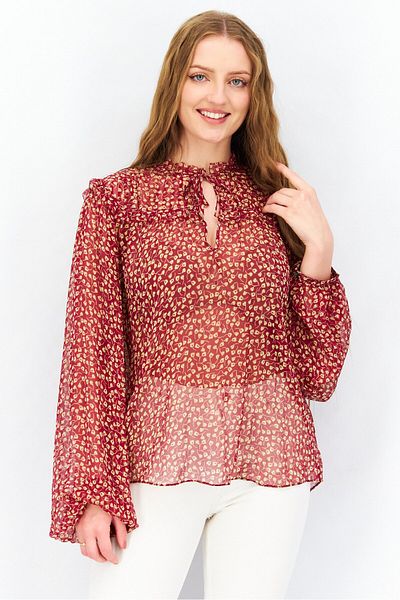 Joie Women Tie Neck Long Sleeve Allover Print Blouse, Red Combo