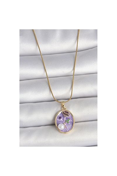 Skygo 316L Steel Gold Color Chain Purple Flower Embroidered Pearl Detail Portrait Model Women's Necklace - Tj-Bko10078