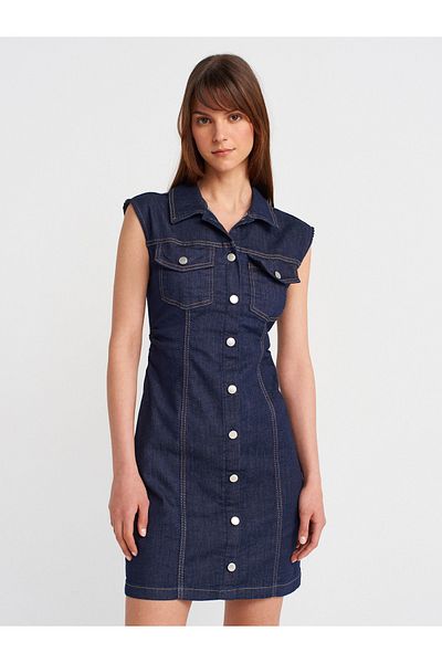 Dilvin 90557 Rochie mini din denim cu strângere laterală-albastru închis