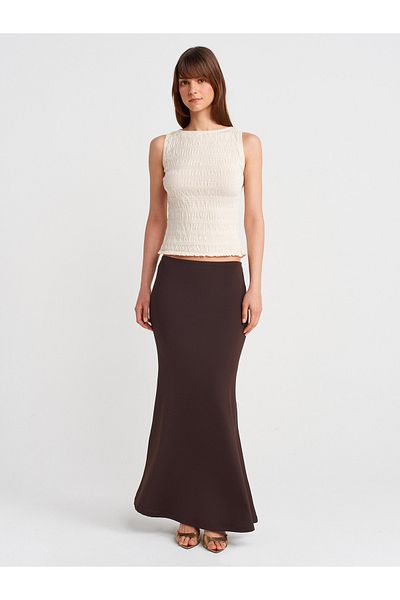 Dilvin 80362 High Waist Long Skirt-Dark Brown