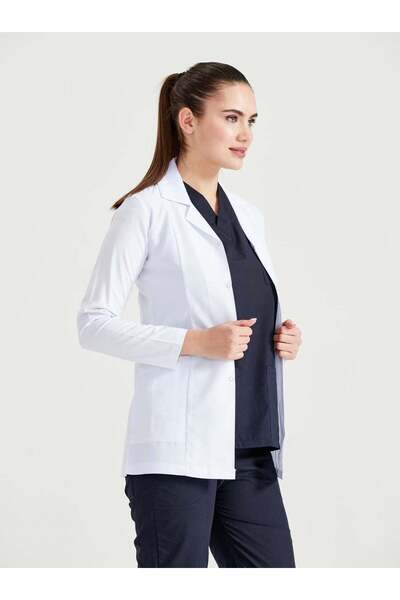 DEMOTEKS Uniforma lab coat halat medical scurt alb femei - cu trei buzunare, maneca lunga, guler rever-XL