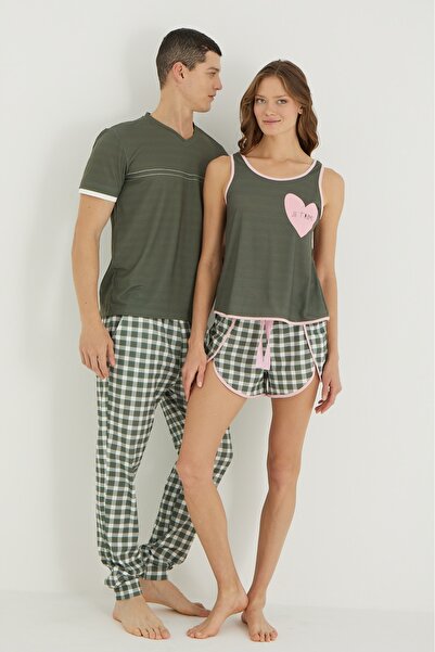 İPEKTENİM Шорти з принтом у клітинку, з асиметричним застібанням, з хрестоподібним кроєм на спині, комплект піжами для пари