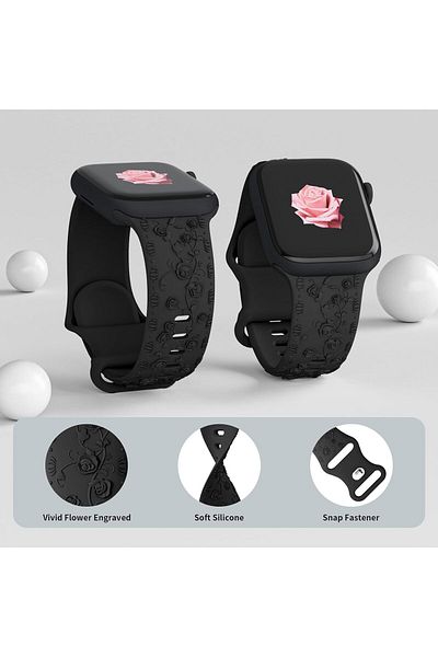 REDz Accessories Curea cu trandafiri, silicon gravat, pentru Apple Watch, detalii florale, reglabilă, neagră - 38/40/41 mm