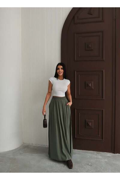 Hatun Atila Fusta din țesătură modal cu talie elastică și buzunare 8821 kaki