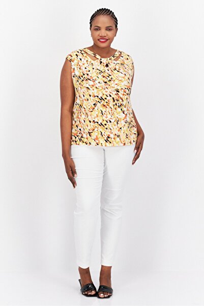 Kasper Women Plus Size Round Neck Sleeveless Allover Printed Tank Top, Yellow Combo