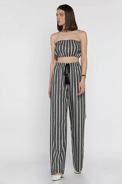 GÜLSELİ Anthracite Women's Stripe Patterned Strapless Crop Top Blouse Palazzo Trousers Set of Two