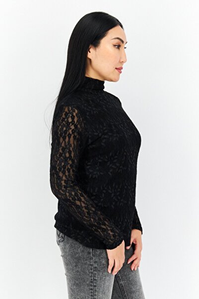 Anne Klein Women Mock Neck Long Sleeve Textured Blouse, Black