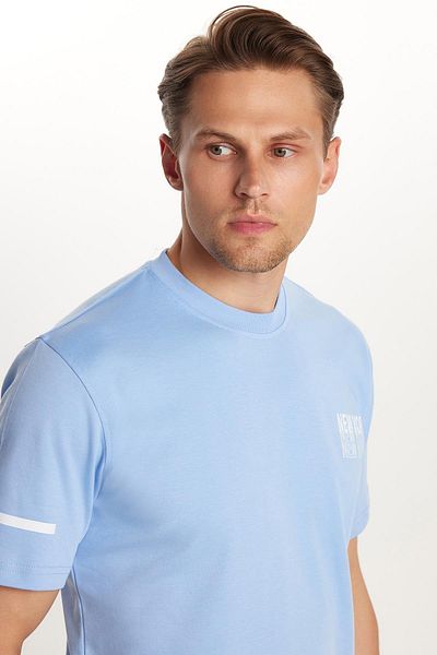 Tudors Men's Slim Fit Slim Fit Cotton Plain Basic Printed Crew Neck Blue T-Shirt