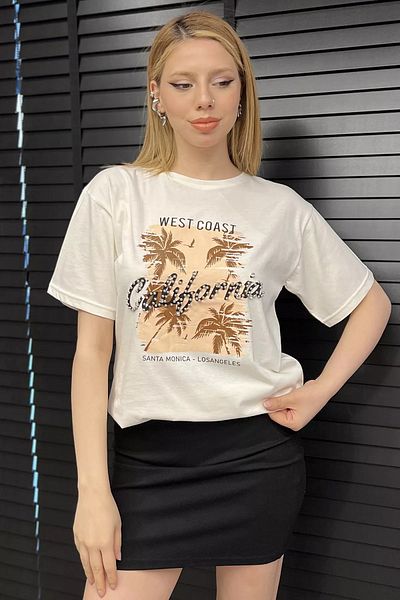 GÜLSELİ Γυναικείο T-Shirt Cream California Printed Stone Crew Neck