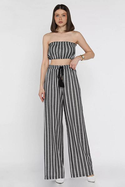GÜLSELİ Anthracite Women's Stripe Patterned Strapless Crop Top Blouse Palazzo Trousers Set of Two