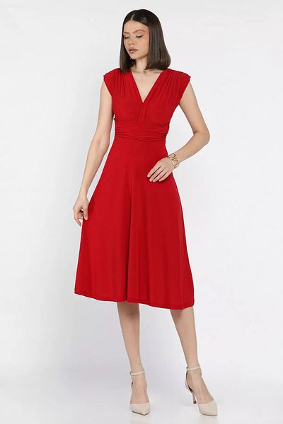 GÜLSELİ Red Women's V-Neck Shoulder Padded Pleated Kilos Dress