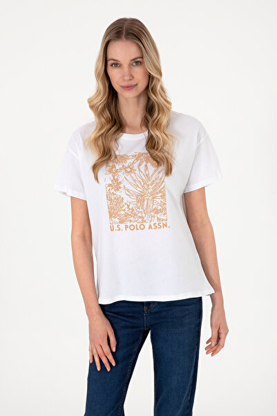 U.S. Polo Assn. Kadın Beyaz Desenli Bisiklet Yaka Tişört 50305843-VR013