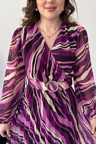 MaziButik Piliseli Dalga Şifon Elbise Mor