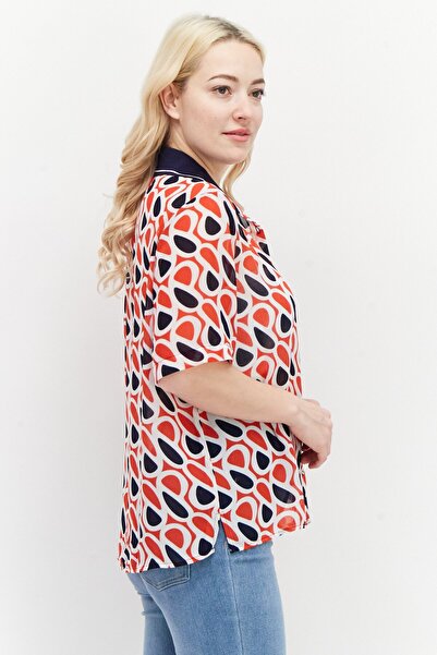 Pepe Jeans Women Spread Collar Short Sleeves Allover Print Blouse, Red Combo