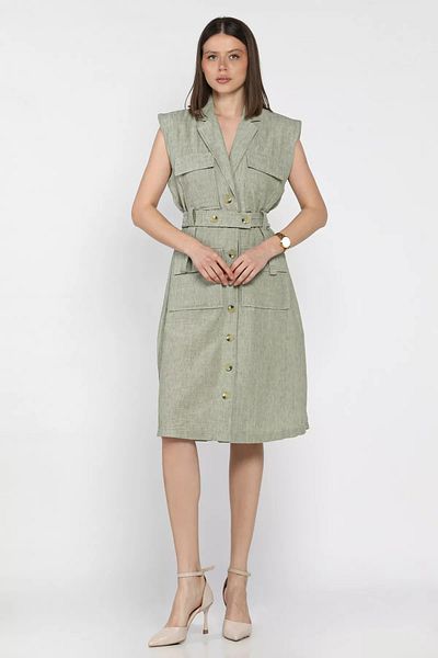 GÜLSELİ Light Khaki Women's Double Breasted Collar Belt Detailed Buttoned Dress