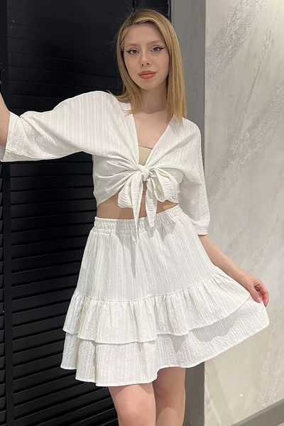 GÜLSELİ Stone Women's Front Tie Blouse Shorts Ruffled Skirt Two Piece Set