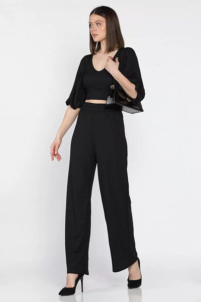 GÜLSELİ Black Women's V-Neck Balloon Sleeve Blouse Palazzo Pants Set of Two
