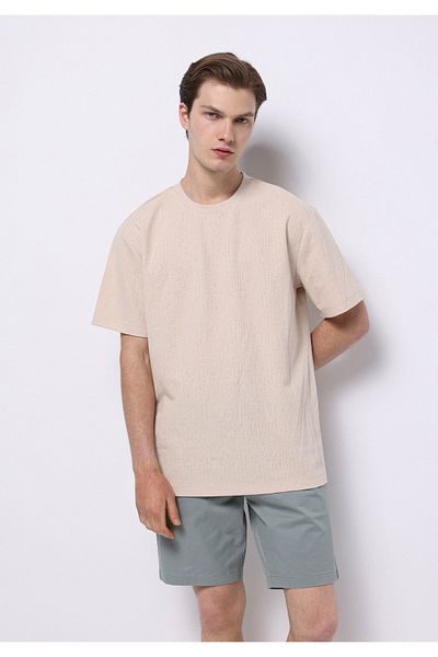 Colin's Tricou cu mânecă scurtă pentru bărbați, cu gât rotund, jacquard, bej