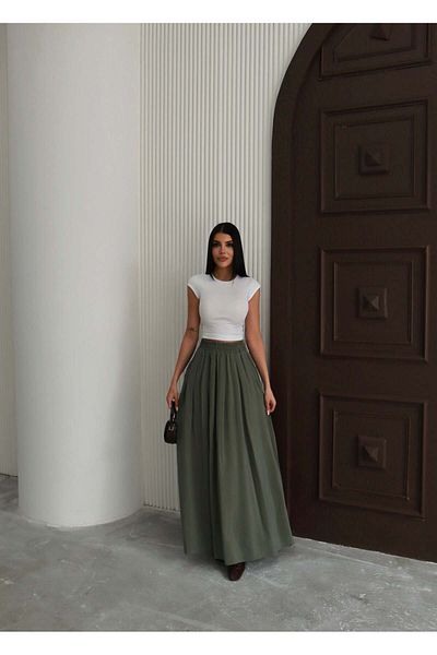 Hatun Atila Fusta din țesătură modal cu talie elastică și buzunare 8821 kaki