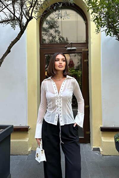 Eka Γυναικείο πουκάμισο από τούλι με λευκό κορδόνι 1026-0015