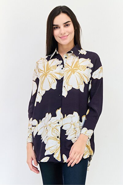 Kathy Ireland قميص نسائي بأكمام طويلة وياقة واسعة وطبعة زهور، متعدد الألوان