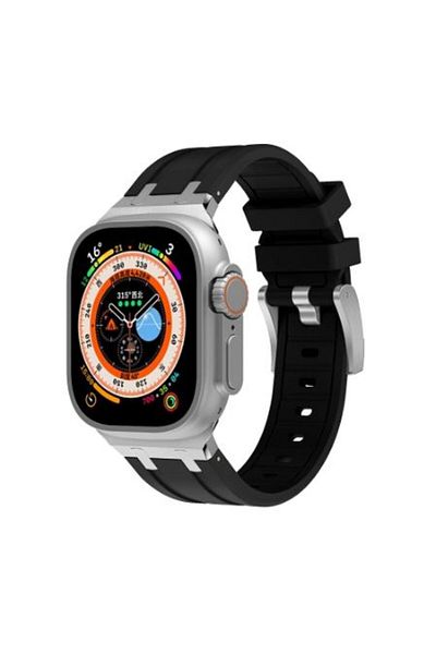 REDz Accessories Curea flexibilă din oțel, Sport, pentru Apple Watch, reglabilă, silicon/metal, neagră/argintie - 44/45/46/49 mm