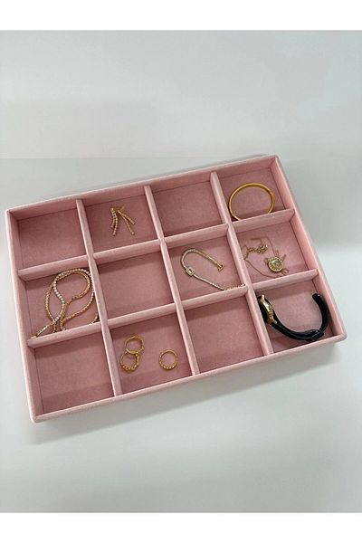 MeGass Dekor Domestic Production Suede Fabric Pink Color 34 Cm / 24 Cm 12 Compartment Drawer Inside Jewelry Stand