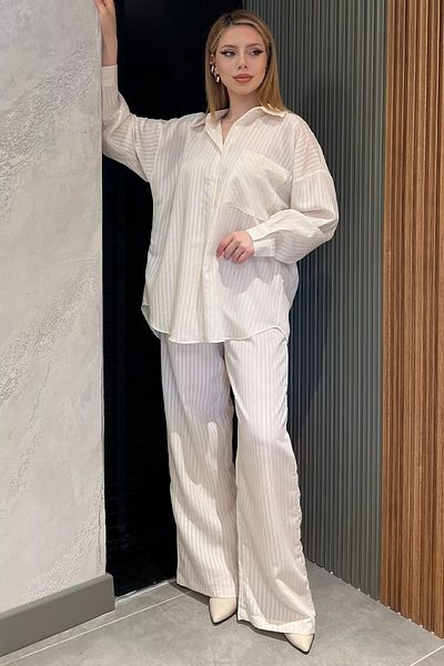 GÜLSELİ Stone Women's Stripe Patterned Shirt Pants Double Set