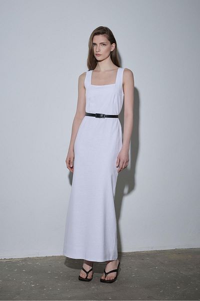 Suud Collection Λευκό λινό φόρεμα Monik με τετράγωνο γιακά
