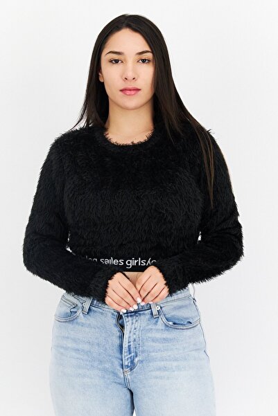 Les Girls Les Boys Women Round Neck Long Sleeve Brand Logo Crop Top, Black