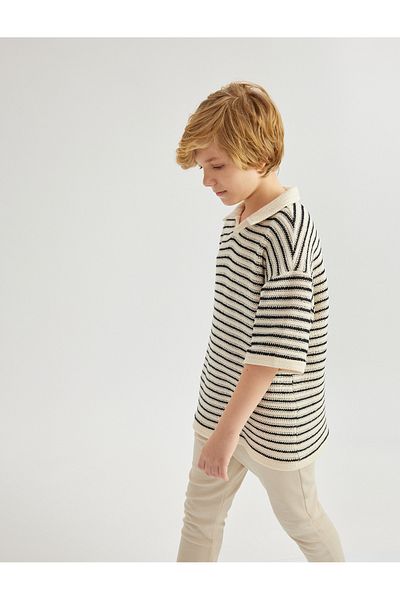 Koton Oversize Openwork Short Sleeve Cotton Knitwear Polo Neck T-Shirt