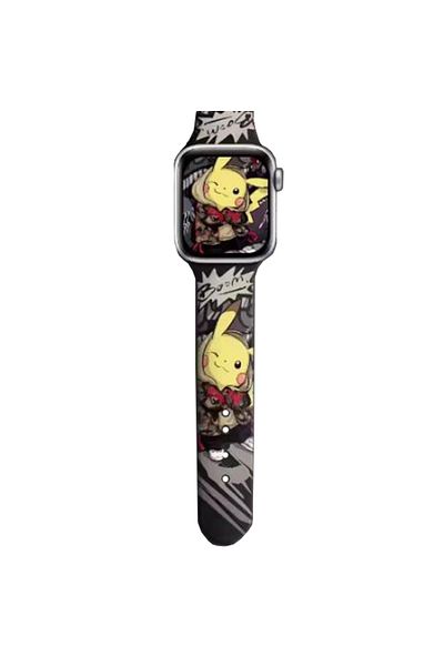 REDz Accessories Pikachu Strap, Apple Watch, Pokemon Cartoon Print, Silicone, Black - 44/45/46/49 Mm, Medium