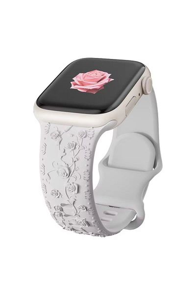 REDz Accessories Curea cu trandafiri, silicon gravat, pentru Apple Watch, detalii florale, reglabilă, albă - 38/40/41 mm
