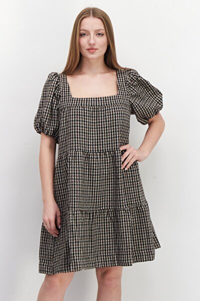 En Saison Women Hounds Tooth Pattern Midi Dress, Brown Combo