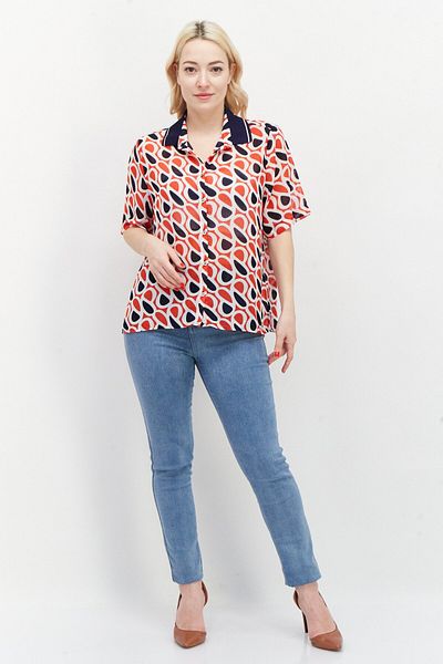 Pepe Jeans Women Spread Collar Short Sleeves Allover Print Blouse, Red Combo