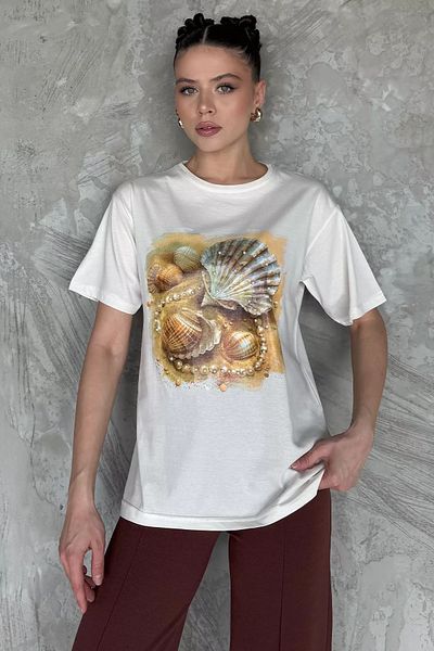GÜLSELİ Γυναικείο T-shirt με κρεμ εμπριμέ πέτρα με λεπτομέρειες