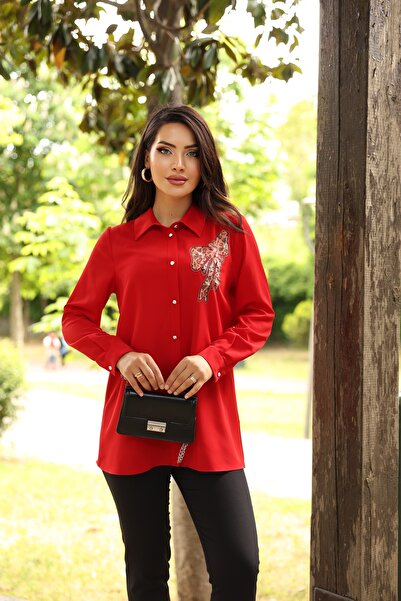 ZAHRA ELVİN TAŞ DETAYLI LEOPAR KURDELE GÖMLEK