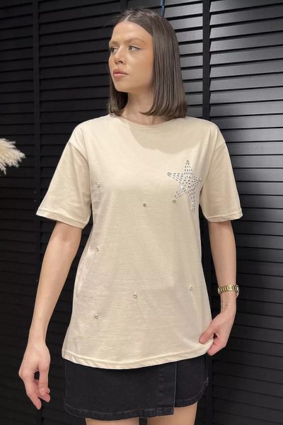 GÜLSELİ Tricou de damă Beige Star Stone cu decolteu