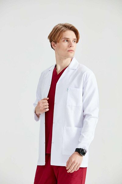 DEMOTEKS Men's White Short Medical Lab Coat Uniform - With Three Pockets, Long Sleeves, Lapel Collar