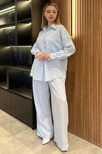 GÜLSELİ Baby Blue Women's Stripe Patterned Shirt Pants Double Set
